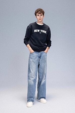 Relax Fit Bisiklet Yaka Baskılı Kalın Kumaş Sweatshirt