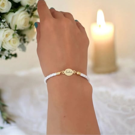 14 Ayar Altın Plakalı Tuba İsmine Özel Doğal Beyaz Derili Oval Motifli Hediye Bileklik-529