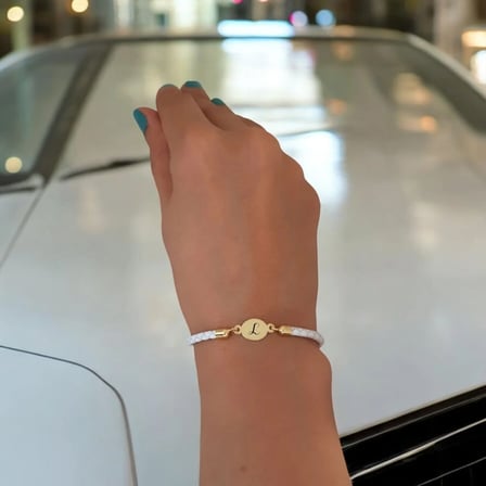 14 Ayar Altın Plakalı L Harfine Özel Doğal Beyaz Derili Oval Motifli Hediye Bileklik-529