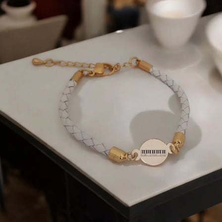 14 Ayar Altın Plakalı Piyano Sembollü Oval Motifli Doğal Beyaz Derili Hediye Bileklik-529