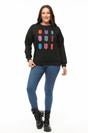 Kadın Büyük Beden Renkli Harf Nakışlı Siyah Sweatshirt