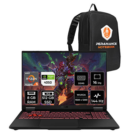 Asus TUF Gaming A16 R5 7535HS 8GB 512GB SSD RTX4050/6GB 140W 144Hz 16'' WUXGA FDOS Laptop FA607NU