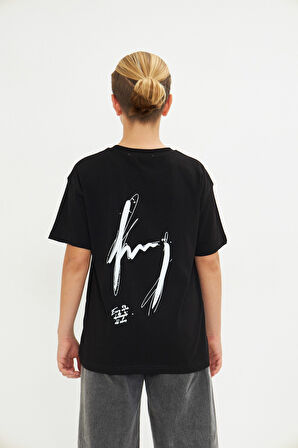 Arka Baskılı %100 Pamuk Unisex Oversize Siyah Çocuk Tişört