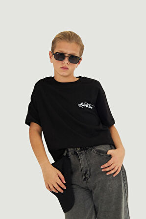 Arka Baskılı %100 Pamuk Unisex Oversize Siyah Çocuk Tişört