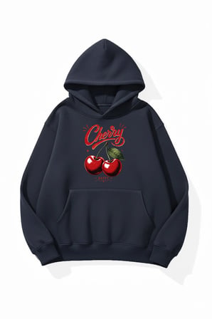 Unisex Yumuşak Dokulu Retro Cherry Baskılı Tasarım Oversize 3 İplik Hoodie Sweatshirt