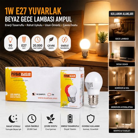 10 ADET 1W E27 BEYAZ YUVARLAK GECE LAMBASI LED AMPUL (5297)