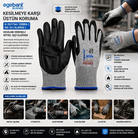 10 ADET ZEBRA NO 10 XLARGE KESİLME DİRENÇLİ NİTRİL İŞÇİ ELDİVEN BANDI (5297)