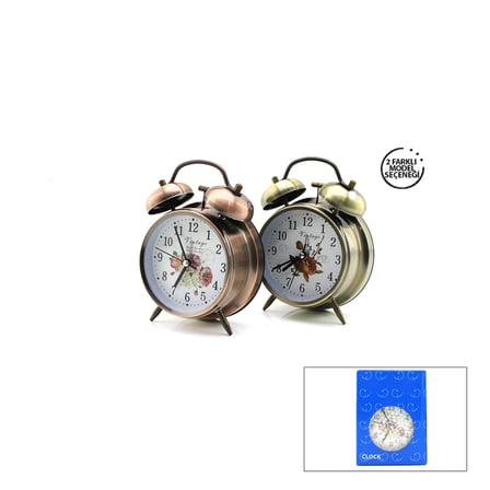 TWIN BELL ALARM CLOCK YUVARLAK MASA ÇALAR SAAT METAL KASA ESKİTME DESENLİ PİLLİ - IŞIKLI ÇAP: 10CM B