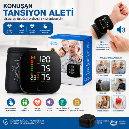 BİLEK ÖLÇÜM 7X8.3CM USB SARJLI - DİJİTAL KONUŞAN TANSİYON ALETİ BK-606 (5297)