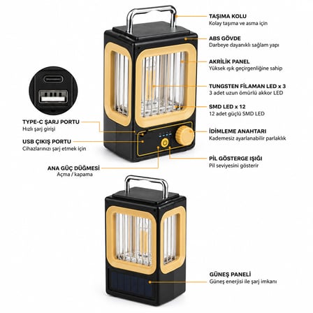 SOLAR - GÜNEŞ ENERJİLİ USB ŞARJLI NOSTALJİ SOLAR LAMBA 1500mAh HS-234 (5297)