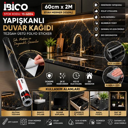 2MT X 60CM SİYAH MERMER DESENLİ TEZGAH ÜSTÜ FOLYO STİCKER - DUVAR KAĞIT KENDİNDEN YAPIŞKANLI - EKO D
