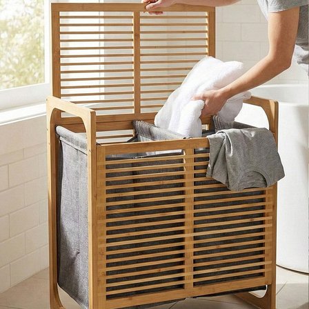 KALIN AHŞAP BAMBU 2 BÖLMELİ KİRLİ ÇAMAŞIR SEPETİ KUMAŞ ÇANTALI SEPET=54X35X60CM (5297)