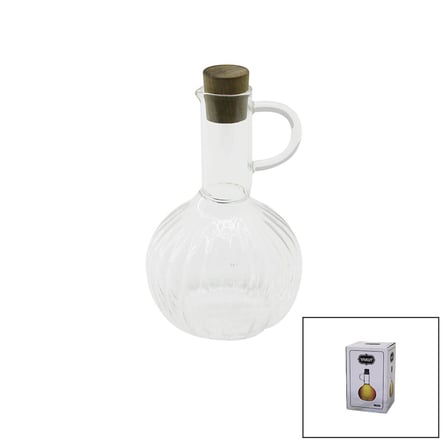 MİNİ CAM YAĞDANLIK ÇİZGİLİ DESEN 300ML AHŞAP BAMBU MANTAR TIPA (5297)