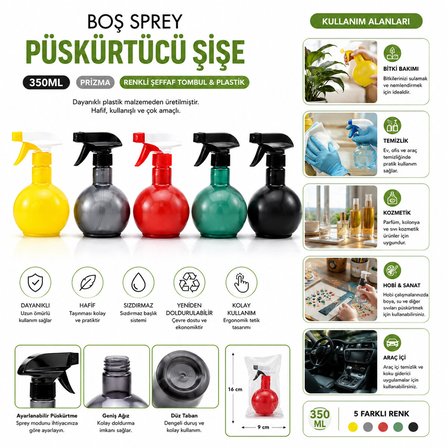 350ML PRİZMA RENKLİ ŞEFFAF TOMBUL - PLASTİK BOŞ SPREY PÜSKÜRTÜCÜ ŞİŞE (5297)