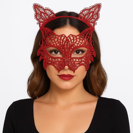 Go İthalat Kedi Maske ve Taç Seti Kırmızı Dantel Kadın Kostüm Aksesuarı