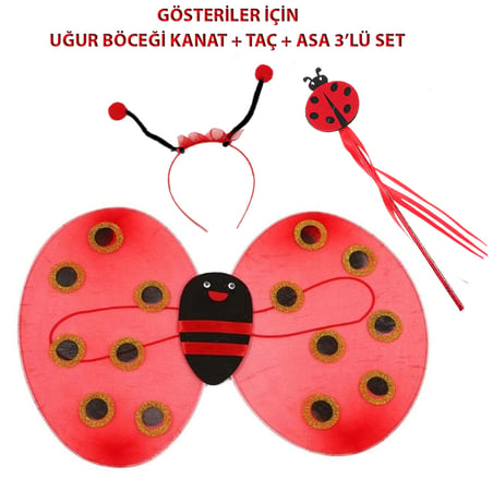 Çocuk Gösteri İçin Uğur Böceği Kanat + Taç + Asa 3&amp;apos;lü Kostüm Seti (5297)