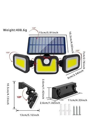 Üçlü Solar Led Projektör – Beyaz Işık – Sensörlü Dış Mekân Aydınlatma (5297)