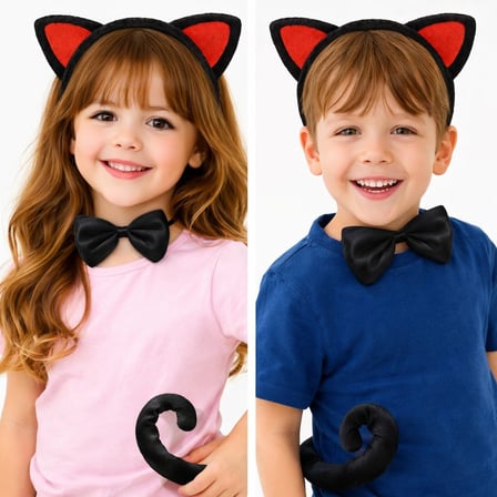 Kırmızı Kulaklı Kedi Kostüm Seti – Taç Papyon Kuyruk 3 Parça (5297)