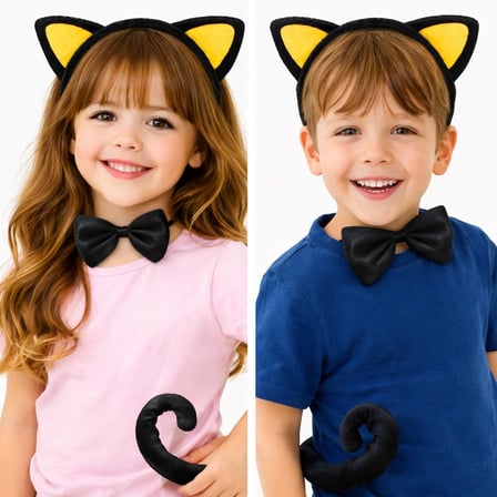 Sarı Kulaklı Kedi Kostüm Seti – Taç Papyon Kuyruk 3 Parça (5297)