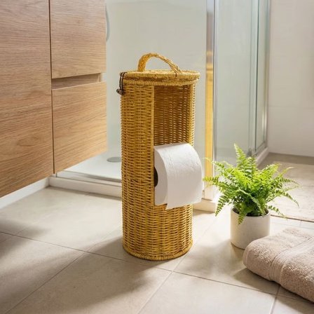 Askılı Plastik Rattan Tuvalet Kâğıdı Standı – Hasır Görünümlü, Kapaklı, Yedekli WC Kâğıtlık, Banyo v