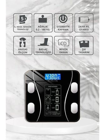 Yağ Ölçer Fonksiyonlu Dijital Baskül Elektronik Tartı Akıllı Bluetooth Lcd Dijital Ekran Ev Vücut (5