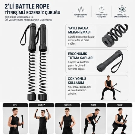 2&amp;apos;li Battle Rope Titreşimli Egzersiz Çubuğu, Yaylı Dalga Mekanizmalı Kol, Omuz, Göğüs, Sırt