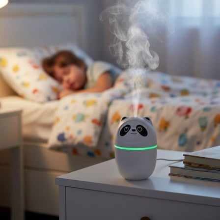 Sevimli Panda Figürlü Hava Nemlendirici – Ultrasonik Soğuk Buhar Makinesi, LED Işıklı Masaüstü Oda N