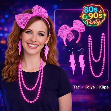 80’ler 90’lar Neon Pembe Parti Seti – Kolye Küpe Taç (5297)