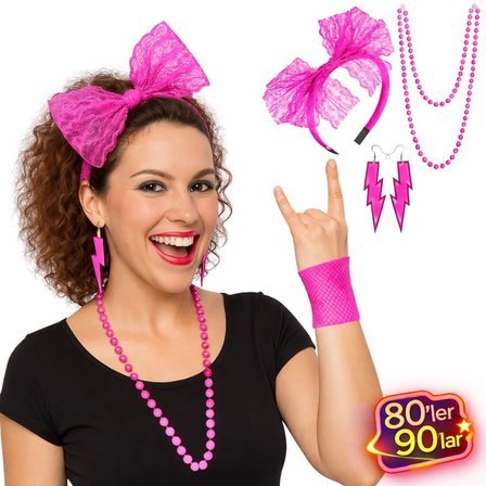 80’ler 90’lar Neon Pembe Parti Seti – Kolye Küpe Taç (5297)