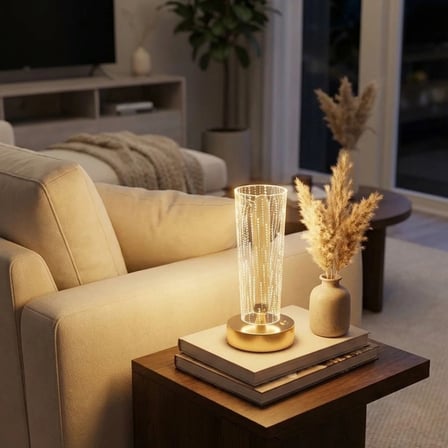 Silindirik Kristal Nokta Model LED Masa Lambası – Gold Tabanlı, Dokunmatik, 3 Renk Işık Modlu, Şarjl