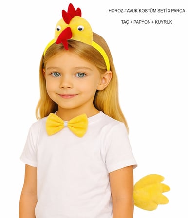 Çocuk Horoz Tavuk Kostüm Seti 3 Parça (Taç + Papyon + Kuyruk) (5297)