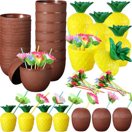 Go İthalat Ananas ve Hindistan Cevizi Tasarımlı 6'lı Tropikal Parti Bardağı Seti Pipetli