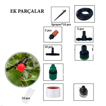 10 Metre Bahçe Damlama Sulama Sistemi Seti Hortum ve Ek Parçaları (5297)