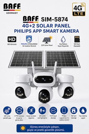 Baff SIM-5874 Çift Solar Panelli 4g Sım Kartlı 3 Lensli Ptz Akıllı Dış Mekan Güvenlik Kamerası Hd Suya Dayanıklı Ip Kamera