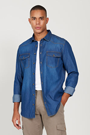 Erkek Mavi Slim Fit Dar Kesim Gizli Düğmeli Yaka %100 Pamuk Denim Gömlek