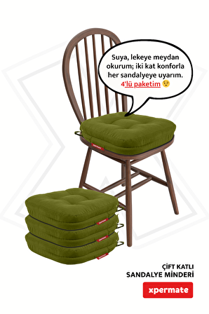 XPERMATE 4'lü Çift Kat Sandalye Minderi Fermuarlı Yıkanabilir Kılıf Bağcıklı Su ve Yağ İtici 42x42x8 Yeşil