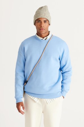 Erkek Açık Mavi Oversize Bol Kesim Içi Polarlı 3 Iplik Bisiklet Yaka Pamuklu Sweatshirt