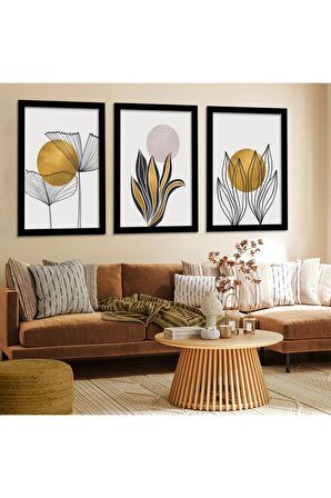 Gümüş Aynalı Pleksi Çerçeveli Renkli Çiçekler Üçlü Mdf Tablo Seti