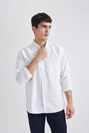 DeFacto Relax Fit Polo Yaka Çizgili Oxford Uzun Kollu Gömlek B3679AX24SPIN34