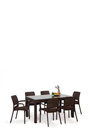 Rattan Large Lüx Camlı Kahve Masa Takımı Bahçe&balkon 1 Camlı Masa + 6 Sandalye