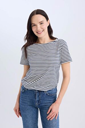 DeFacto Regular Fit Kayık Yaka Çizgili Kısa Kollu Tişört D4534AX24AUNV207