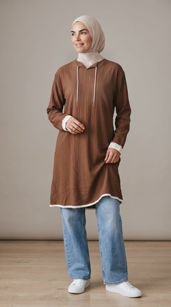 Ece Giyim Dantel Detaylı Tesettür Tunik Kahverengi 3XL Dokuma