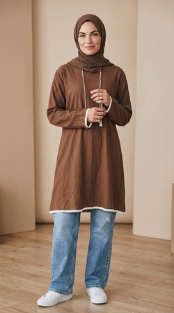 Ece Giyim Dantel Detaylı Tesettür Tunik Kahverengi 3XL Dokuma