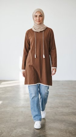 Ece Giyim Dantel Detaylı Tesettür Tunik Kahverengi 3XL Dokuma
