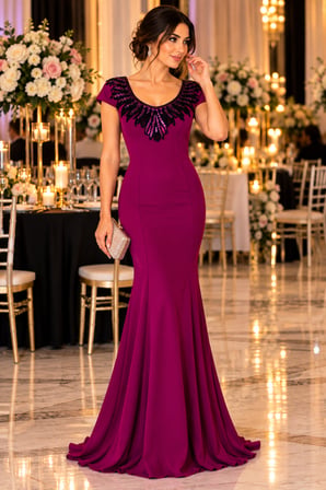 Kadın Mürdüm Siyah İşlemeli Balık Kesim Uzun Abiye Elbise