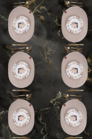 Vos Versa Amerikan Servis 6'lı Supla Lux Sunum Tabak Altlığ - Oval Bej VVHM0038