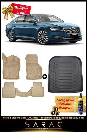 Skoda Superb 2015-2023 Bej Havuzlu Paspas & Bagaj Havuzu Seti (HEDİYELİ!)