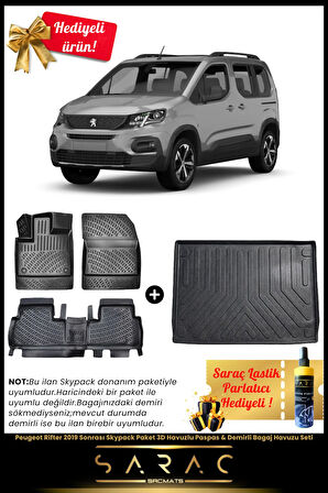 Peugeot Rifter 2019 Sonrası Skypack Paket 3D Havuzlu Paspas & Demirli Bagaj Havuzu Seti+(HEDİYELİ!)