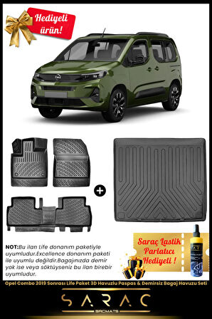 Opel Combo 2019 Sonrası Life Paket 3D Havuzlu Paspas & Demirsiz Bagaj Havuzu Seti+(HEDİYELİ!)