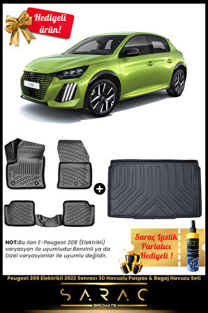 Peugeot 208 Elektrikli 2022 Sonrası Araca Özel 3D Havuzlu Paspas & Bagaj Havuzu Seti+(HEDİYELİ!)